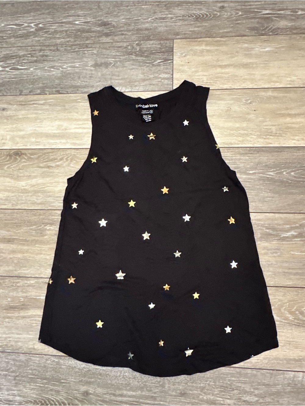 Global Love foil printed racerback tank top with silver and gold star details